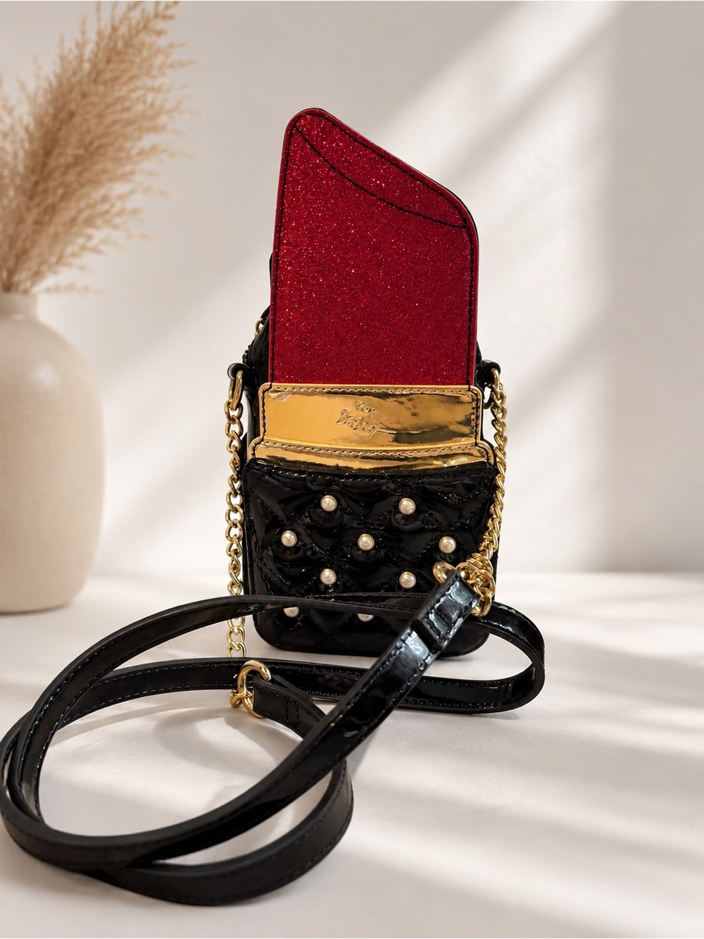 Betsy Johnson Quilted Pearl Crossbody Phone Bag with Gold Trim & Pink Sparkle